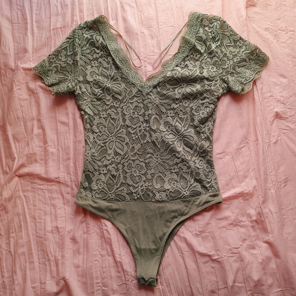 Ambiance Olive Green Lace Bodysuit
